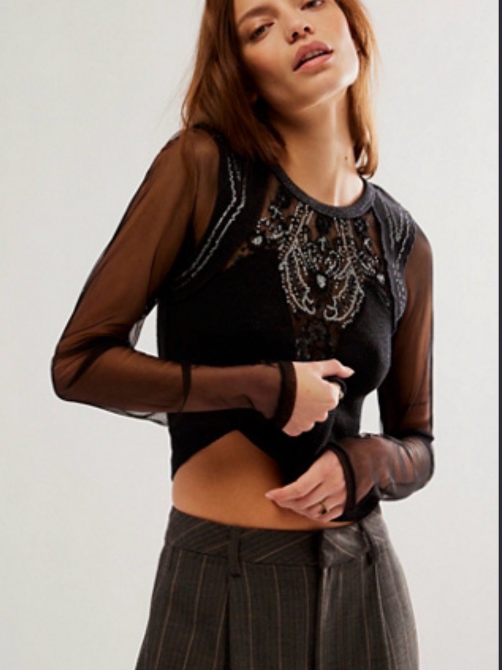 Free People Black Sheer Beaded Mesh Long Sleeve Top NWT